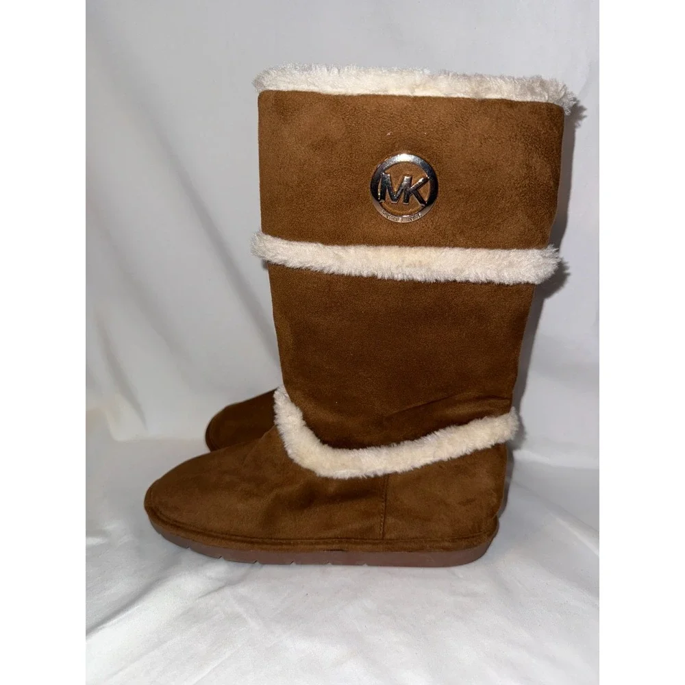 Michael Kors Nevermind Girls Boots 4 Brown Camel Suede Faux Fur Side Zip Boots